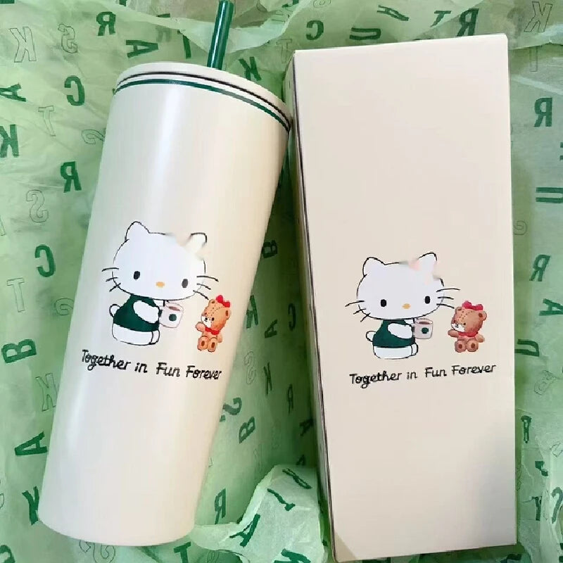 New Cute Cartoon Cat Insulated Cup With Simple And High Beauty Stainless Steel Straw Cup Portable Travel And Camping Goods